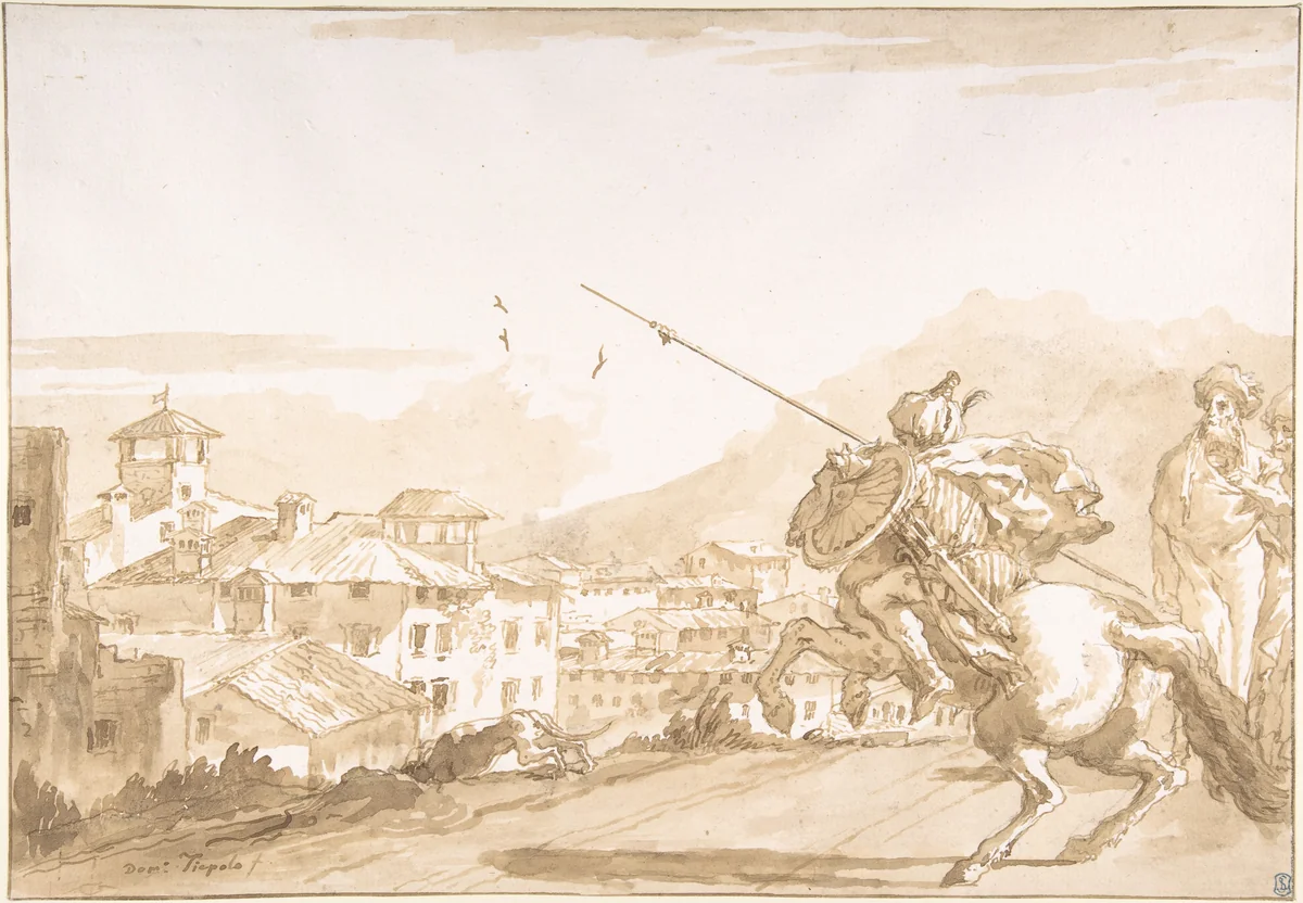 Turkish Lancer and Onlookers Approaching a Town by Giovanni Domenico Tiepolo, drawing, 1760-1770