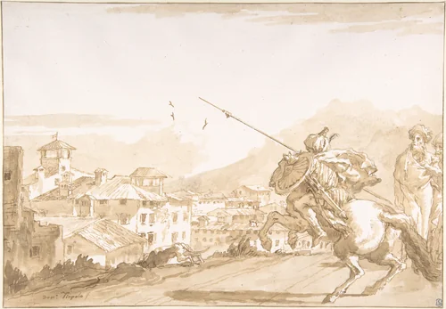 Turkish Lancer and Onlookers Approaching a Town by Giovanni Domenico Tiepolo, drawing, 1760-1770