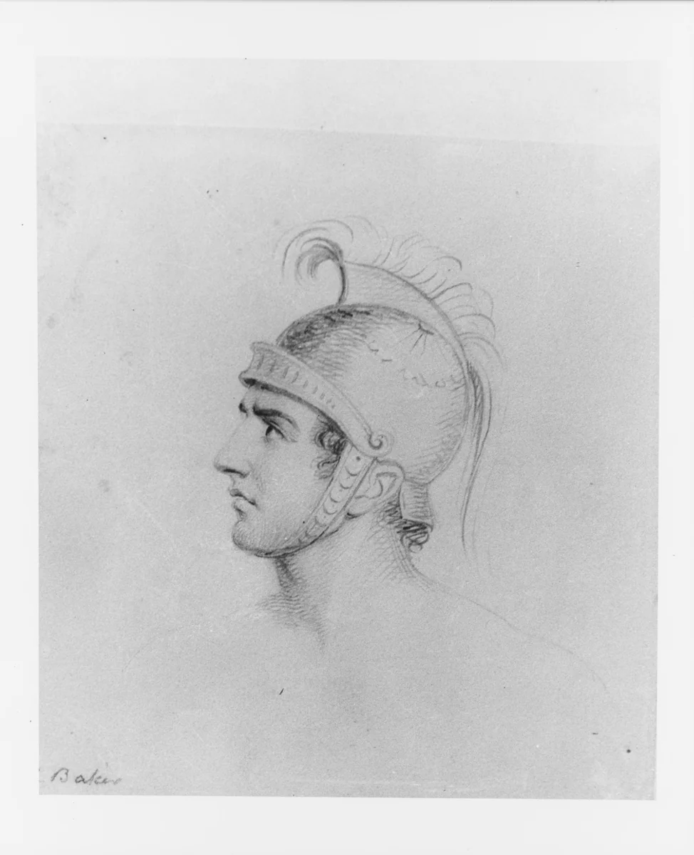 Head of a Man Wearing a Helmet (from McGuire Scrapbook) by George Augustus Baker Jr., artwork, 1821-1880