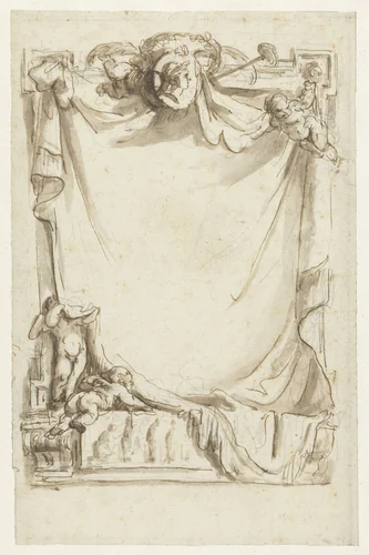 Ontwerp voor een titelblad met putti en een doek voor een raam by Pierre Adrien Pâris, drawing, 1760-1819