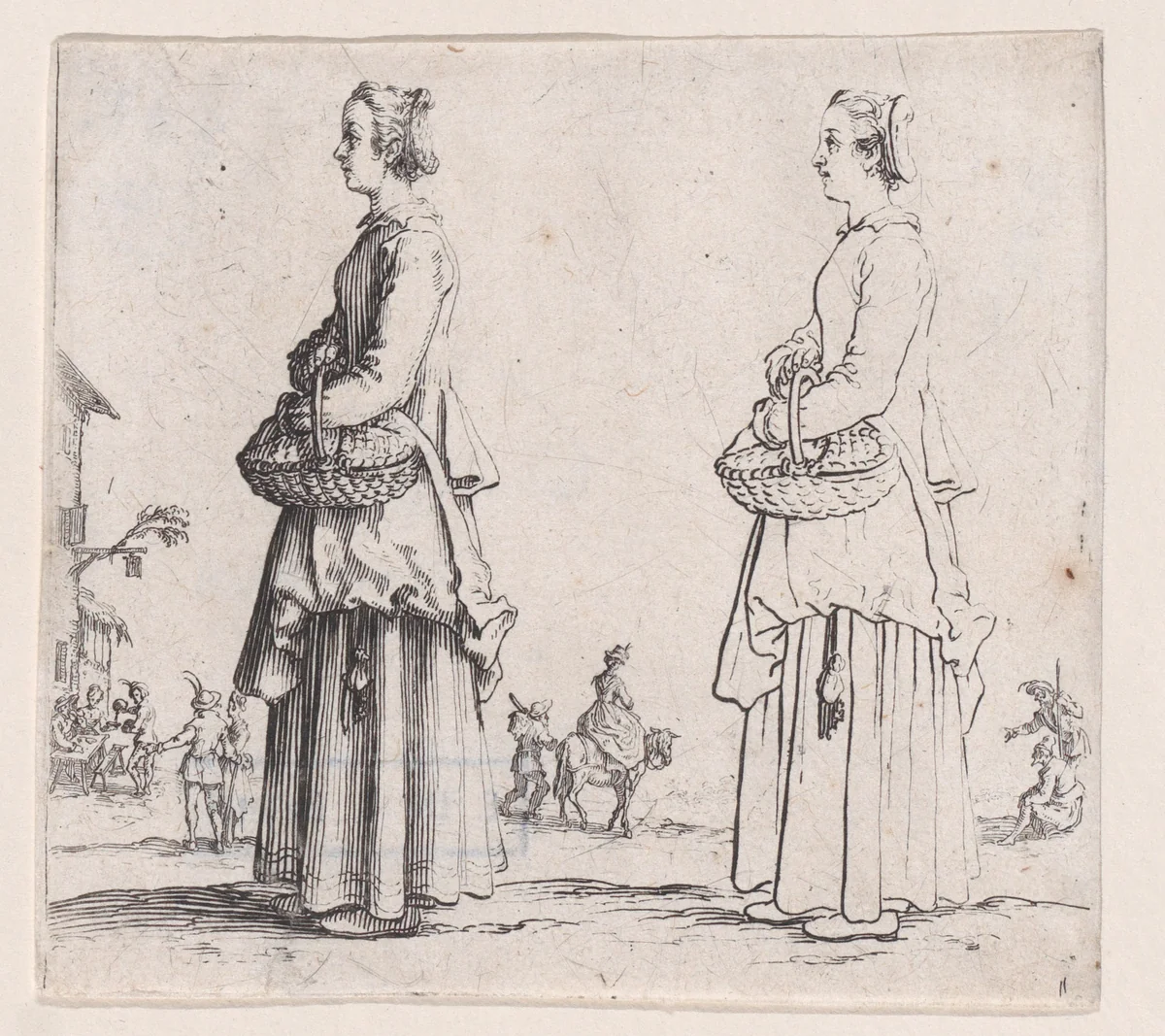 La Paysanne Tournée a Gauche, un Panier a son Bras (La Paysanne Turned to the Left, a Basket in her Arms), from "Varie Figure" (Various Figures) by Jacques Callot, print, 1615-1625