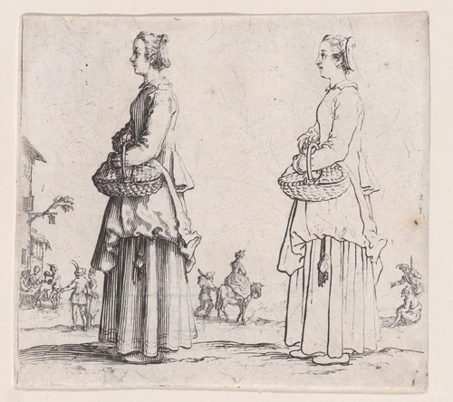 La Paysanne Tournée a Gauche, un Panier a son Bras (La Paysanne Turned to the Left, a Basket in her Arms), from "Varie Figure" (Various Figures) by Jacques Callot, print, 1615-1625