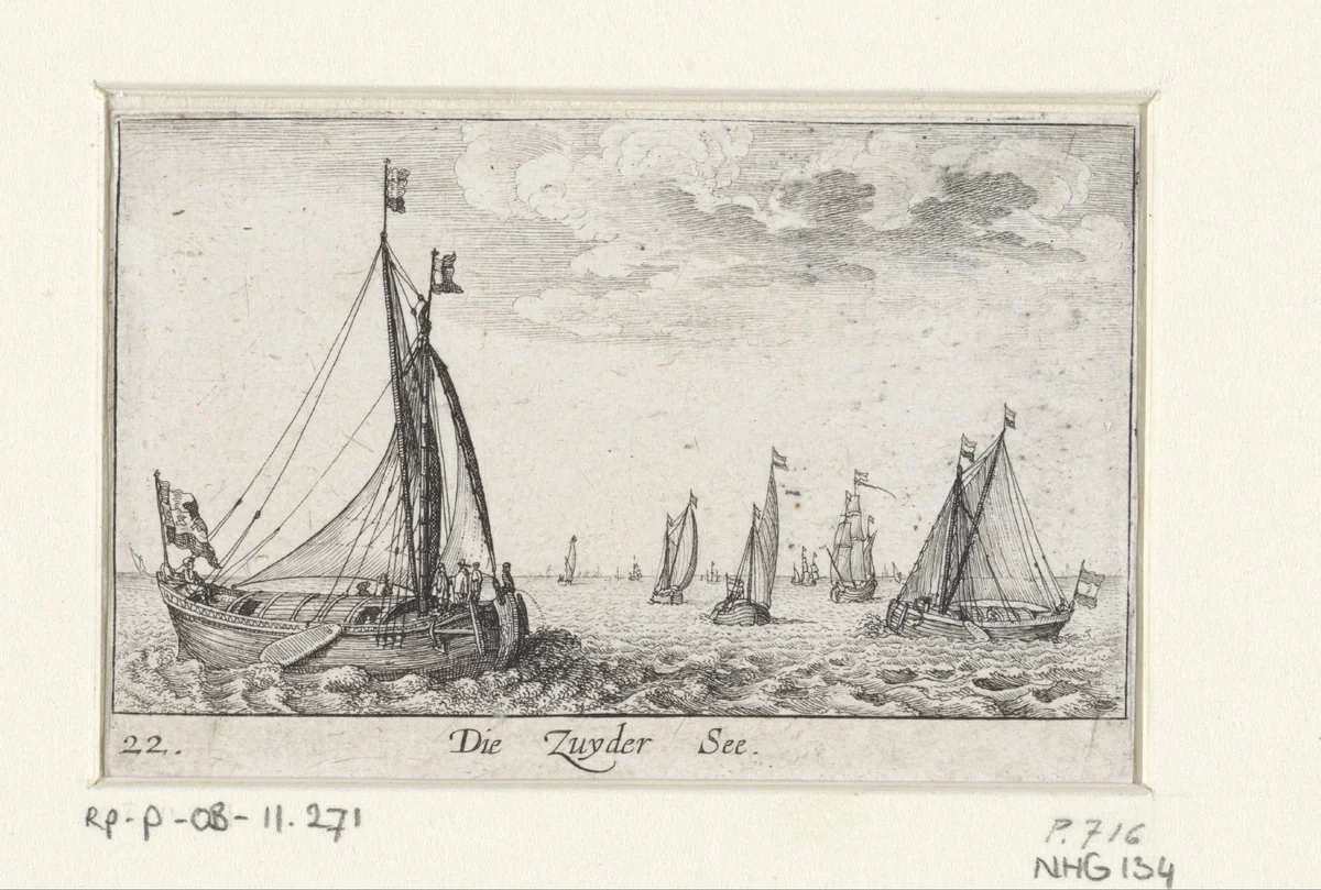 Gezicht op de Zuiderzee met zeilschepen by Wenceslaus Hollar, print, 1635