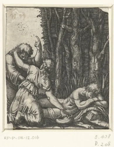 Man en jonge vrouw bij slapende naakte man voor bosrand by Marcantonio Raimondi, print, 1510-1527