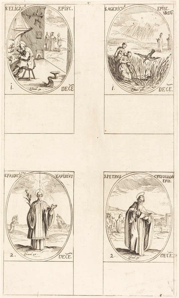 St. Eligius; St. Agericus; St. Francis Xavier; St. Peter Chrysologus by Jacques Callot, print, 1627-1637