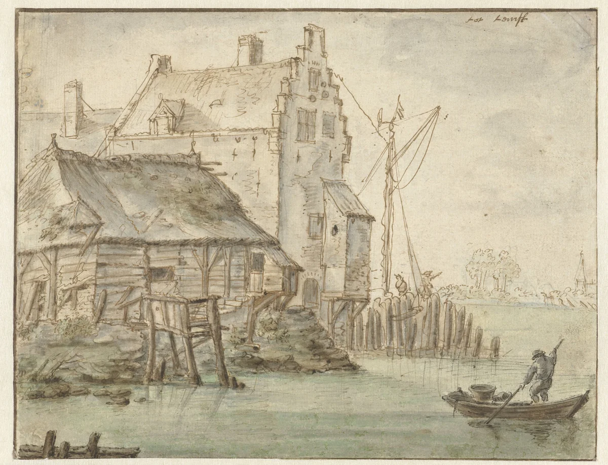 Enige huizen aan een rivier by anonymous, drawing, 1600-1699