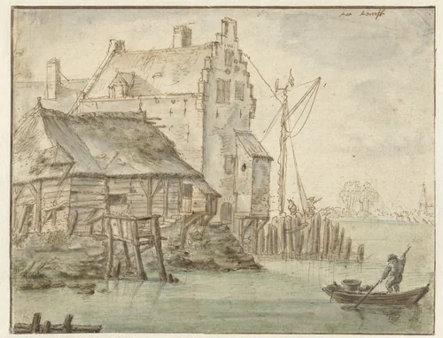 Enige huizen aan een rivier by anonymous, drawing, 1600-1699