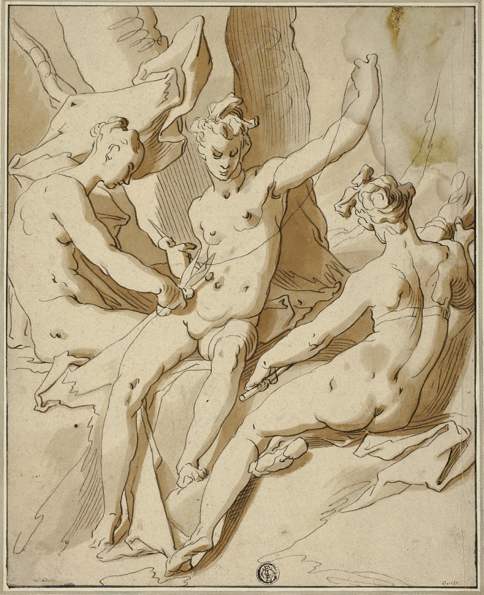 The Three Fates by Abraham Bloemaert, drawing, 1590-1600