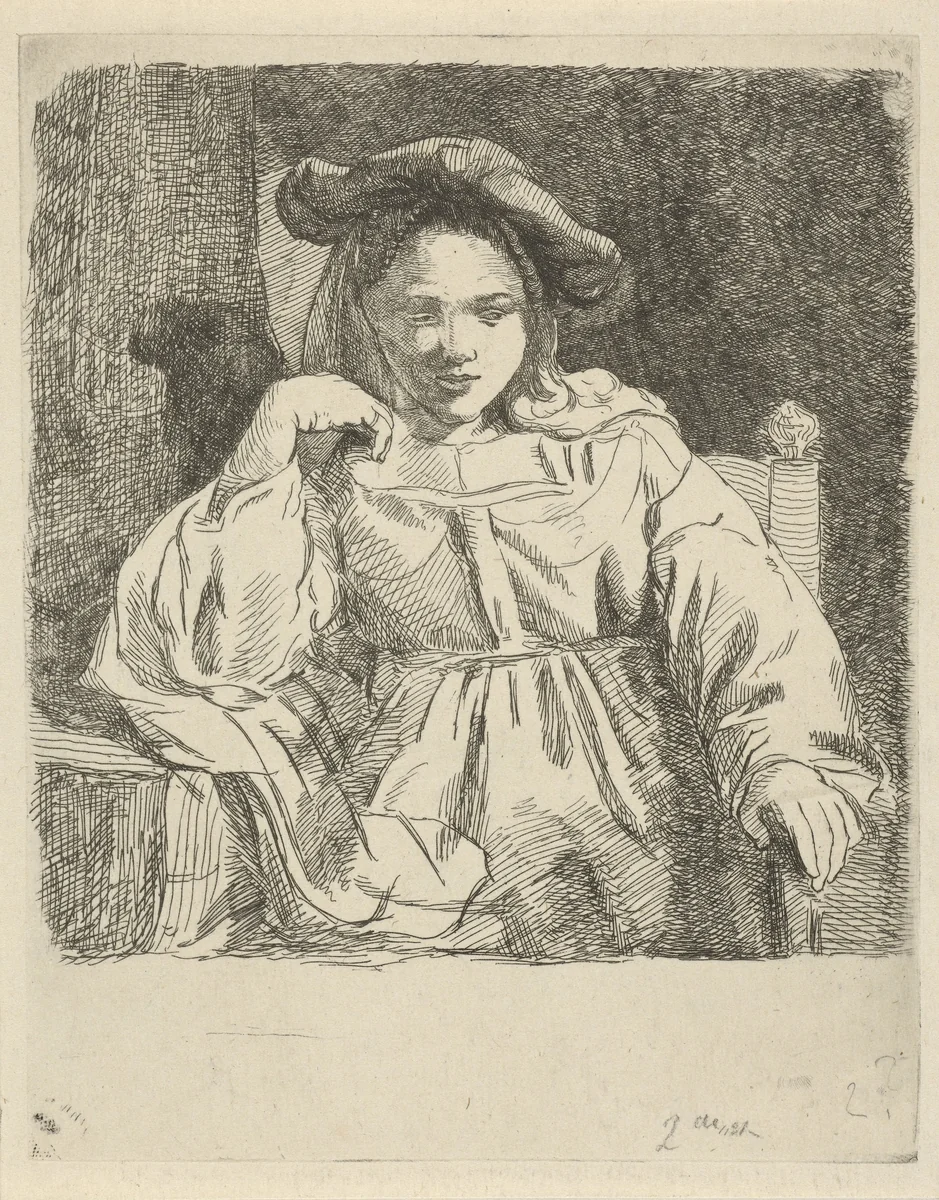 Zittend meisje by David van der Kellen, print, 1814-1859