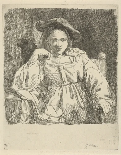 Zittend meisje by David van der Kellen, print, 1814-1859