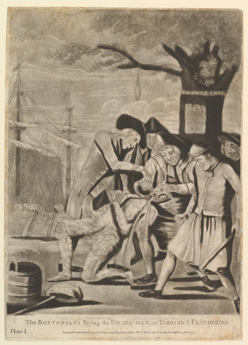 The Bostonians Paying the Excise-Man, or Tarring & Feathering by Philip Dawe, print, 1774