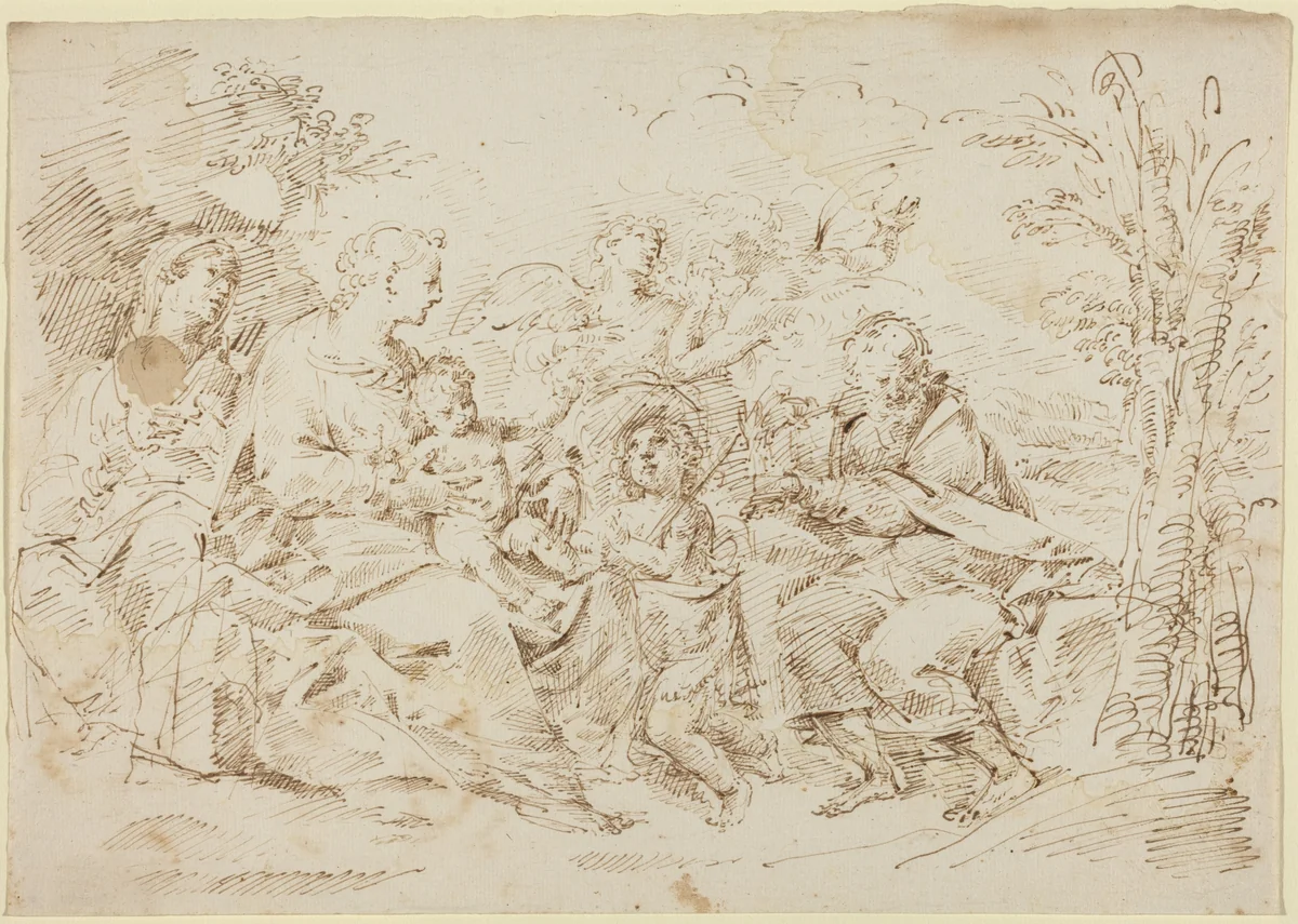 Holy Family with St. Elizabeth, St. John the Baptist, and Two Angels in a Landscape by Donato Creti, drawing, 1671-1749