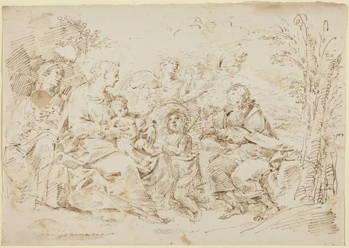 Holy Family with St. Elizabeth, St. John the Baptist, and Two Angels in a Landscape by Donato Creti, drawing, 1671-1749