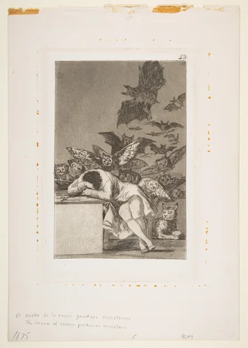 Plate 43 from "Los Caprichos": The sleep of reason produces monsters (El sueño de la razon produce monstruos) by Goya, print, 1799
