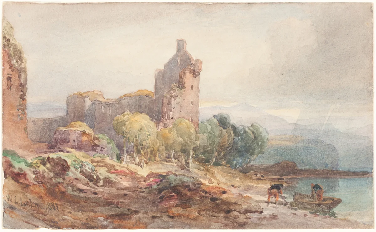 A Ruined Castle on a Lake by William Leighton Leitch, drawing, 1881