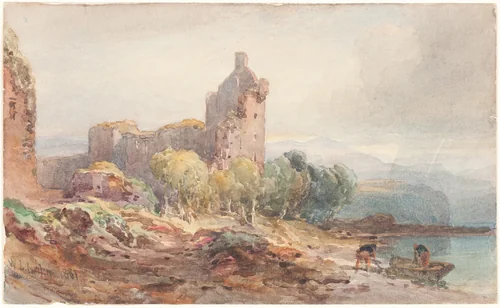 A Ruined Castle on a Lake by William Leighton Leitch, drawing, 1881