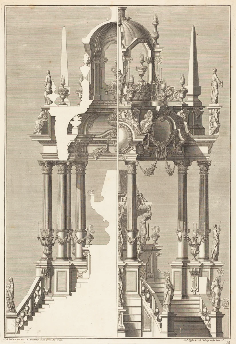 Catafalque by Johann Andreas Pfeffel Giuseppe Galli Bibiena, print, 1674-1748