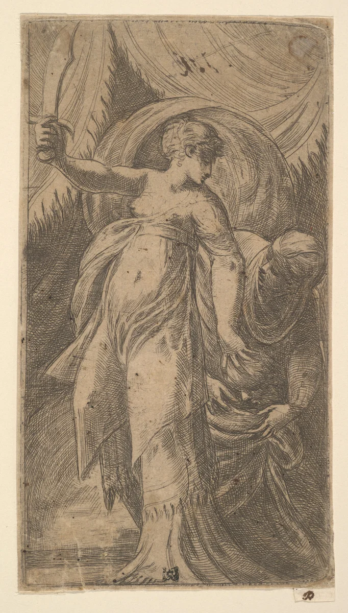 Judith with her sword raised in her right hand and placing the head of Holofernes in the sack with her left by Andrea Schiavone, print, 1535-1545