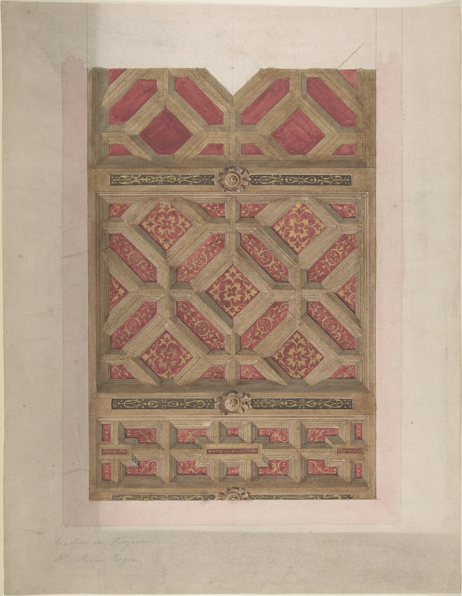 Design for Coffered Ceiling in Red and Gold by Jules-Edmond-Charles Lachaise, drawing, 1850-1900