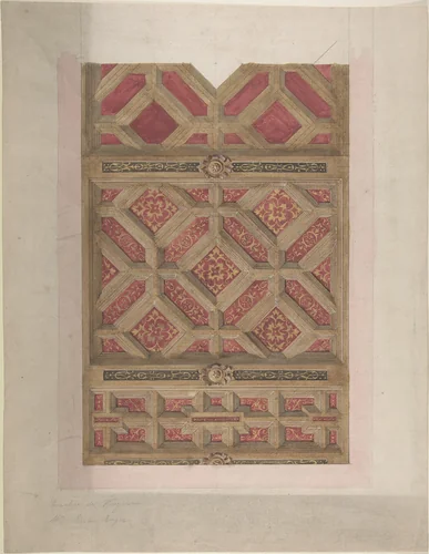 Design for Coffered Ceiling in Red and Gold by Jules-Edmond-Charles Lachaise, drawing, 1850-1900