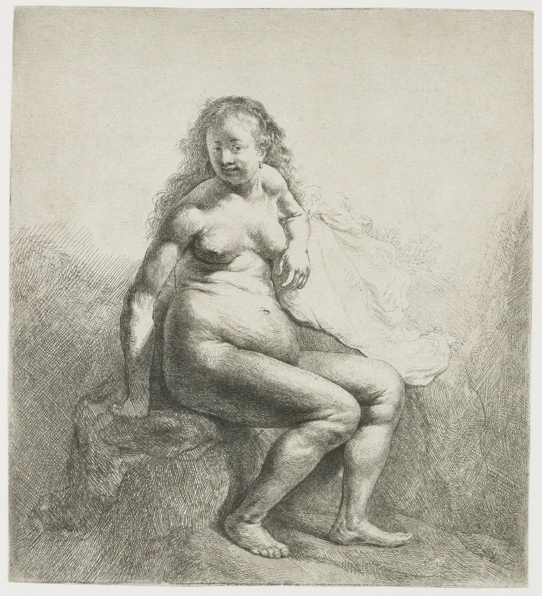 Naked woman on a mound by Rembrandt van Rijn, print, 1631