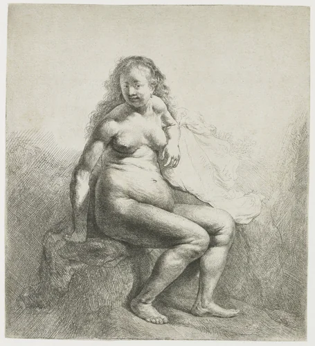 Naked woman on a mound by Rembrandt van Rijn, print, 1631