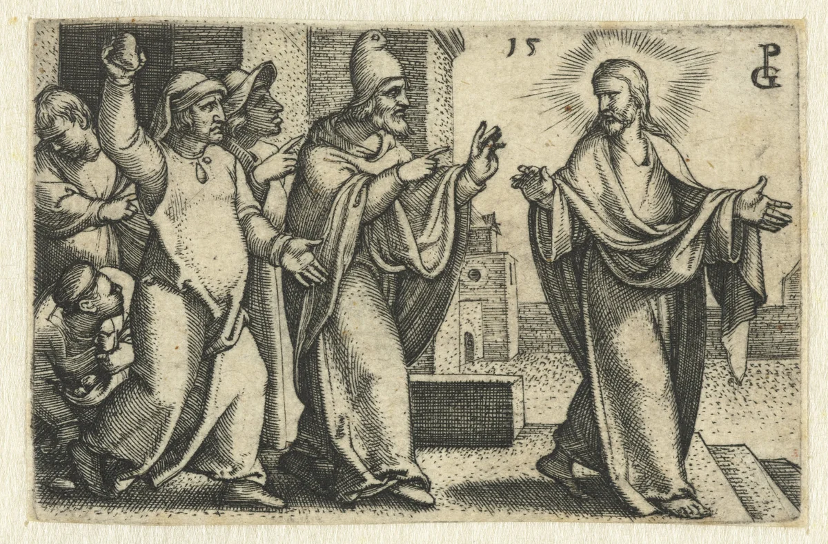 Farizeeën willen Christus stenigen by Unknown, print, 1534-1535