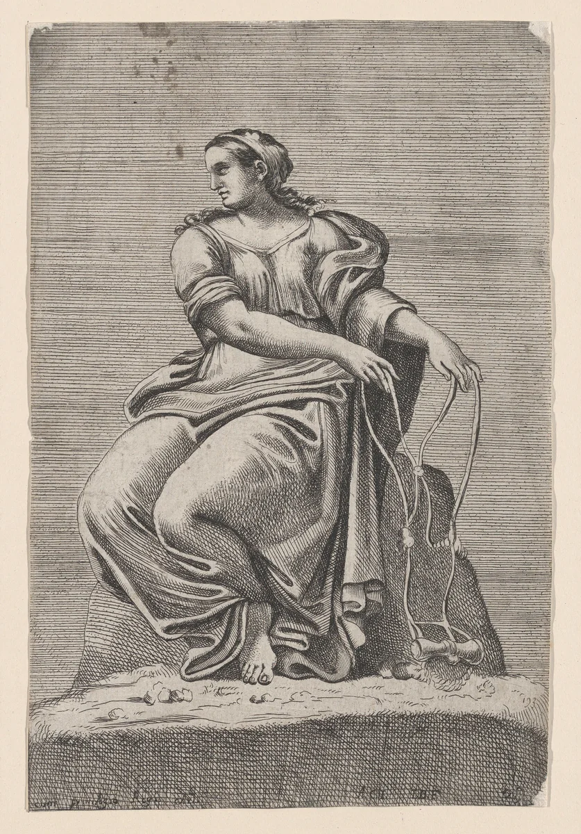 Seated Figure of Justice, from Farnese Palace, after Annibale and Agostino Carracci by Jacques Belly, print, 1641