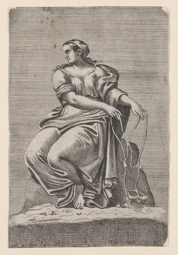 Seated Figure of Justice, from Farnese Palace, after Annibale and Agostino Carracci by Jacques Belly, print, 1641