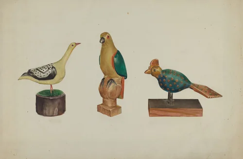 Pa. German Three Carved and Painted Birds by Victor F. Muollo, index of american design, 1937