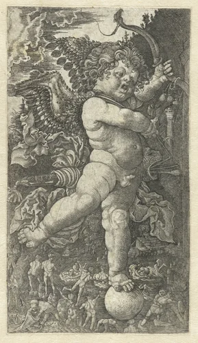 Boze Amor op een bol by Unknown, print, 1530-1533