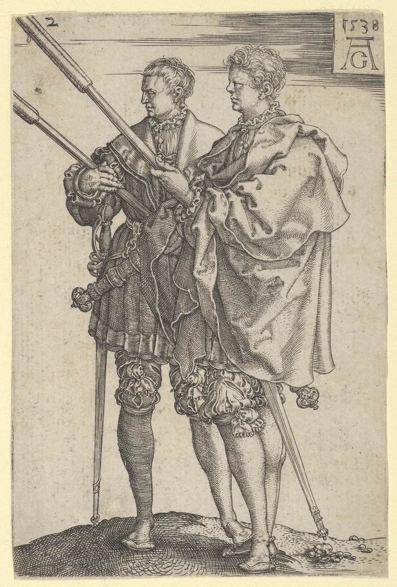 Two Torch-Bearers, from "The Large Wedding Dancers" by Heinrich Aldegrever, print, 1538