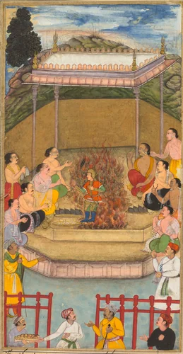 Yaja and Upayaja perform a sacrifice for the emergence of Dhrishtadyumna from the fire, from Adi-parva (volume one) of the Razm-nama (Book of Wars) adapted and translated into Persian by Mir Ghiyath al-Din Ali Qazvini, known as Naqib Khan (Persian, d. 1614) from the Sanskrit Mahabharata by Bilal Habshi, painting, 1598