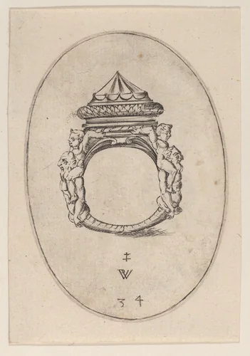 Design for a Ring with a Large Faceted Gemstone, Plate 34 from 'Livre d'Aneaux d'Orfevrerie' by Pierre Woeiriot, print, 1561