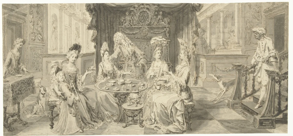 Deftig gezelschap in een salon rond de theetafel by Philip Tidemann, drawing, 1667-1705