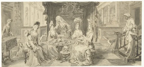 Deftig gezelschap in een salon rond de theetafel by Philip Tidemann, drawing, 1667-1705