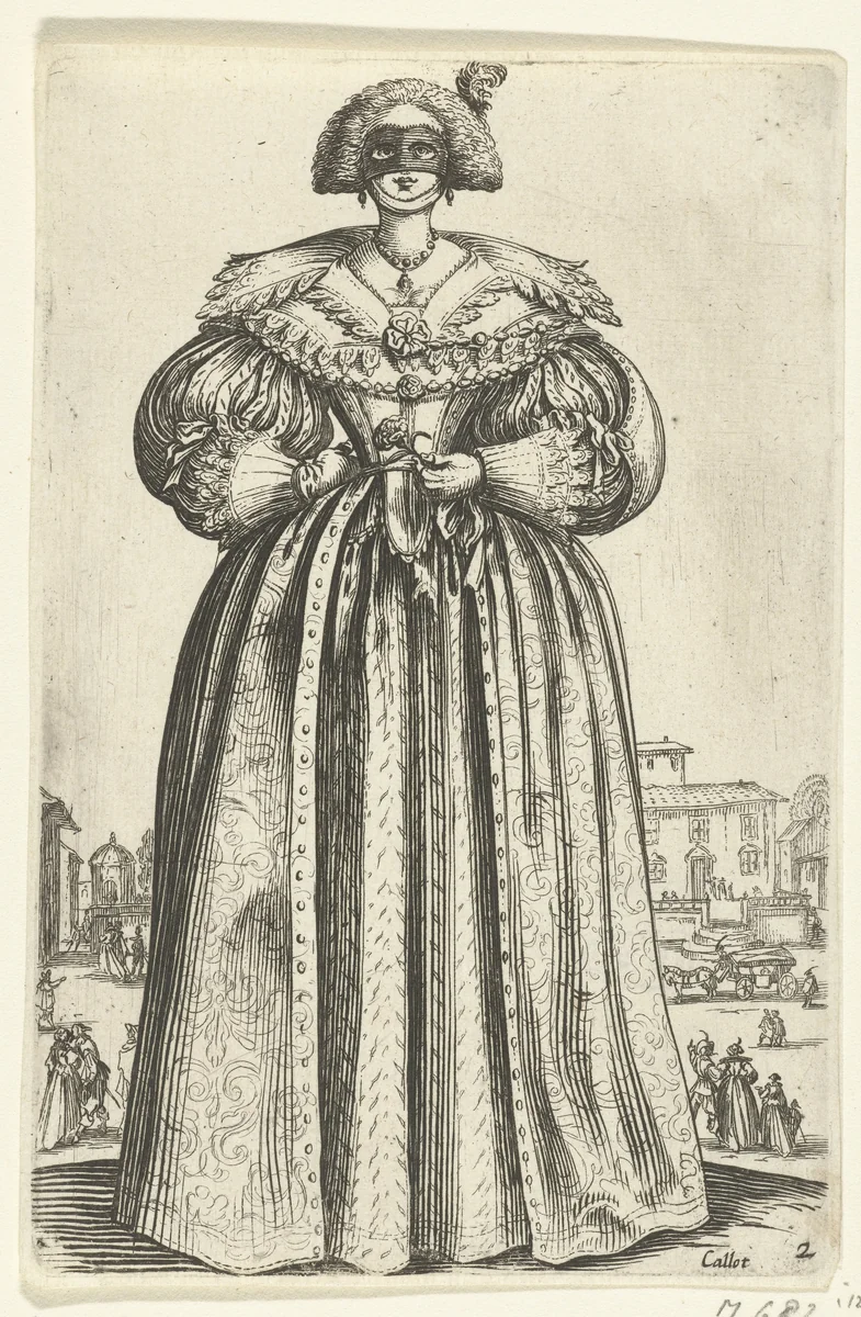 Dame met masker en bloem, van voren gezien by anonymous, print, 1630-1690