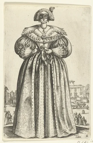 Dame met masker en bloem, van voren gezien by anonymous, print, 1630-1690