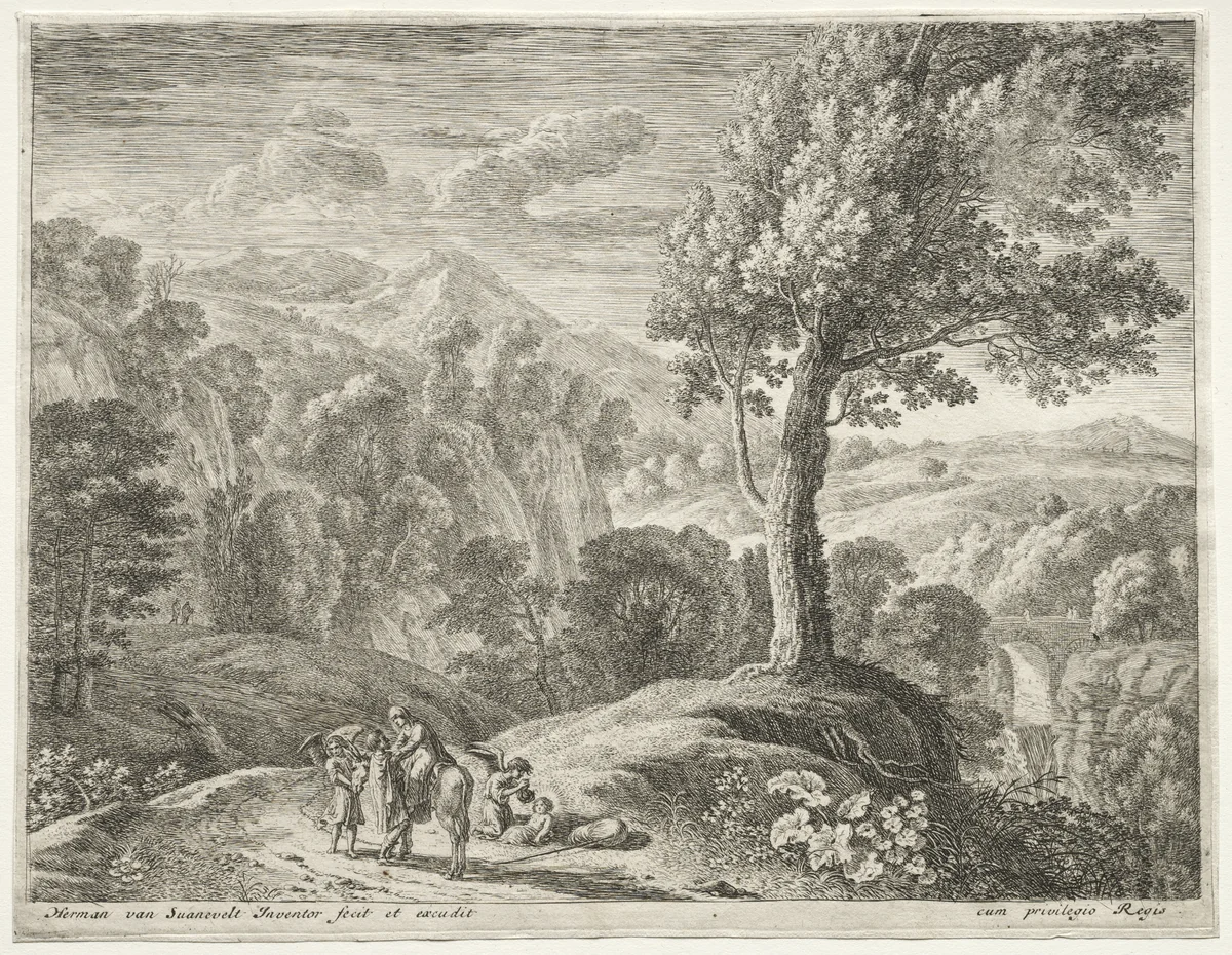 The Flight into Egypt: The Large Tree and the Cascade by Herman van Swanevelt, print, 1652-1654