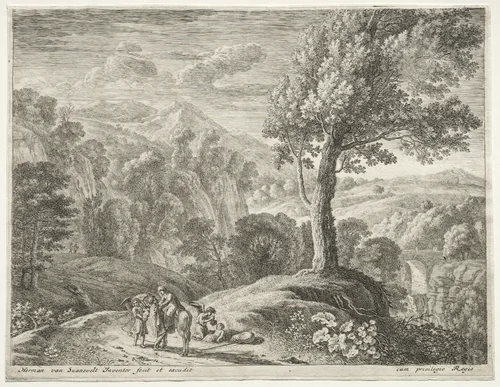 The Flight into Egypt: The Large Tree and the Cascade by Herman van Swanevelt, print, 1652-1654