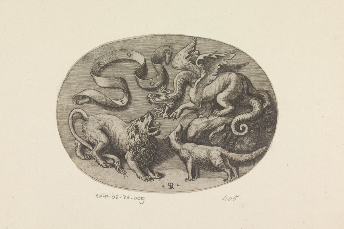 Vos, leeuw en draak by Unknown, print, 1498-1532