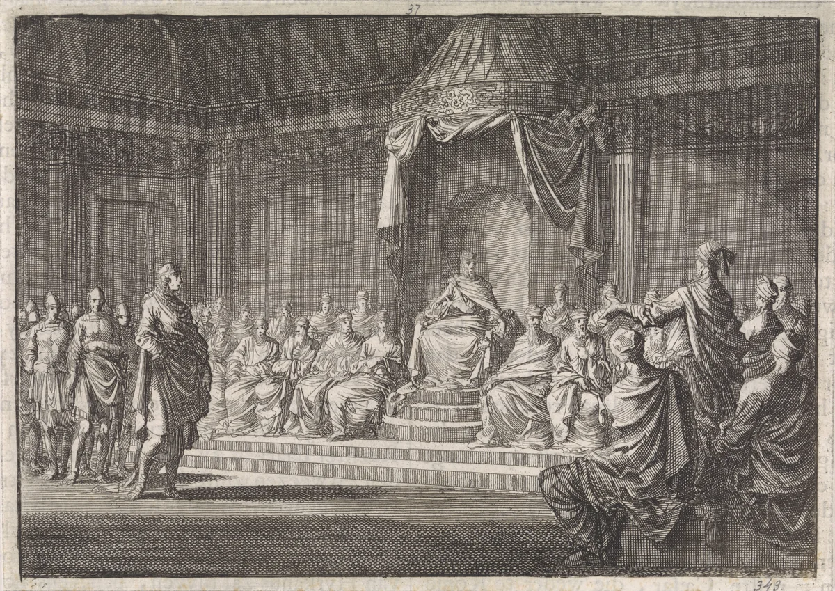 Herodes verschijnt voor de rechterstoel van Hyrkanus by Jan Luyken, print, 1704