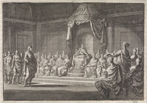 Herodes verschijnt voor de rechterstoel van Hyrkanus by Jan Luyken, print, 1704