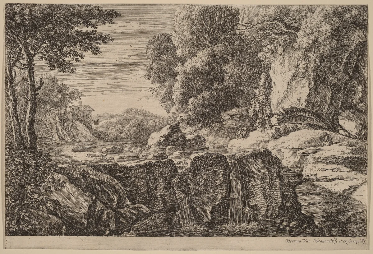 The Small Waterfall by Herman van Swanevelt, print, 1600-1655