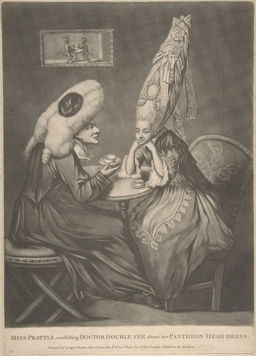 Miss Prattle Consulting Doctor Double Fee about her Pantheon Head Dress by anonymous, print, 1772-1793