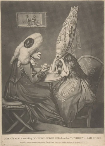 Miss Prattle Consulting Doctor Double Fee about her Pantheon Head Dress by anonymous, print, 1772-1793
