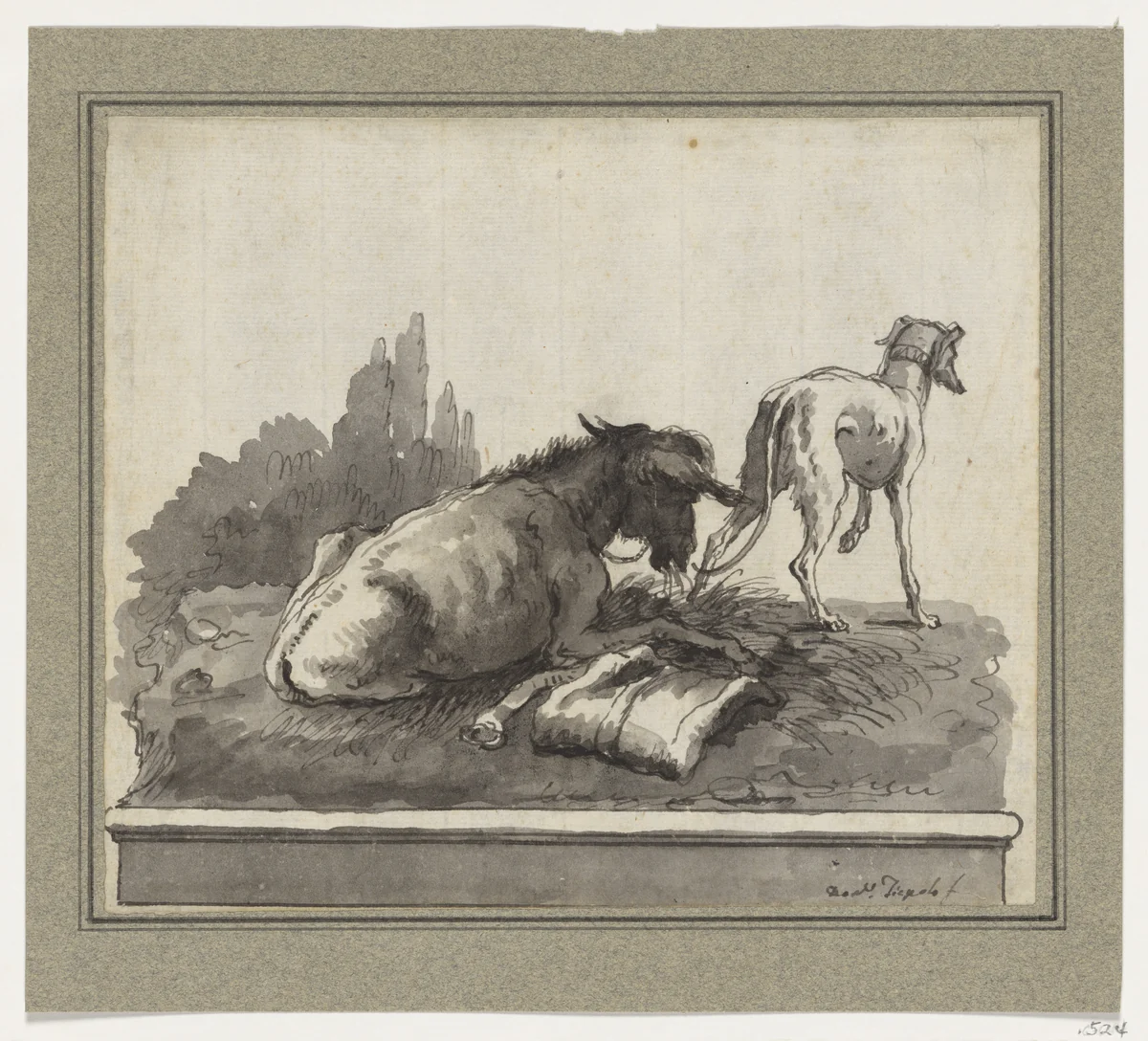 A Donkey Lying on the Grass, with an Italian Greyhound (on a Base) by Giovanni Domenico Tiepolo, drawing, 1771-1800