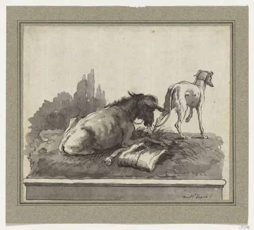 A Donkey Lying on the Grass, with an Italian Greyhound (on a Base) by Giovanni Domenico Tiepolo, drawing, 1771-1800