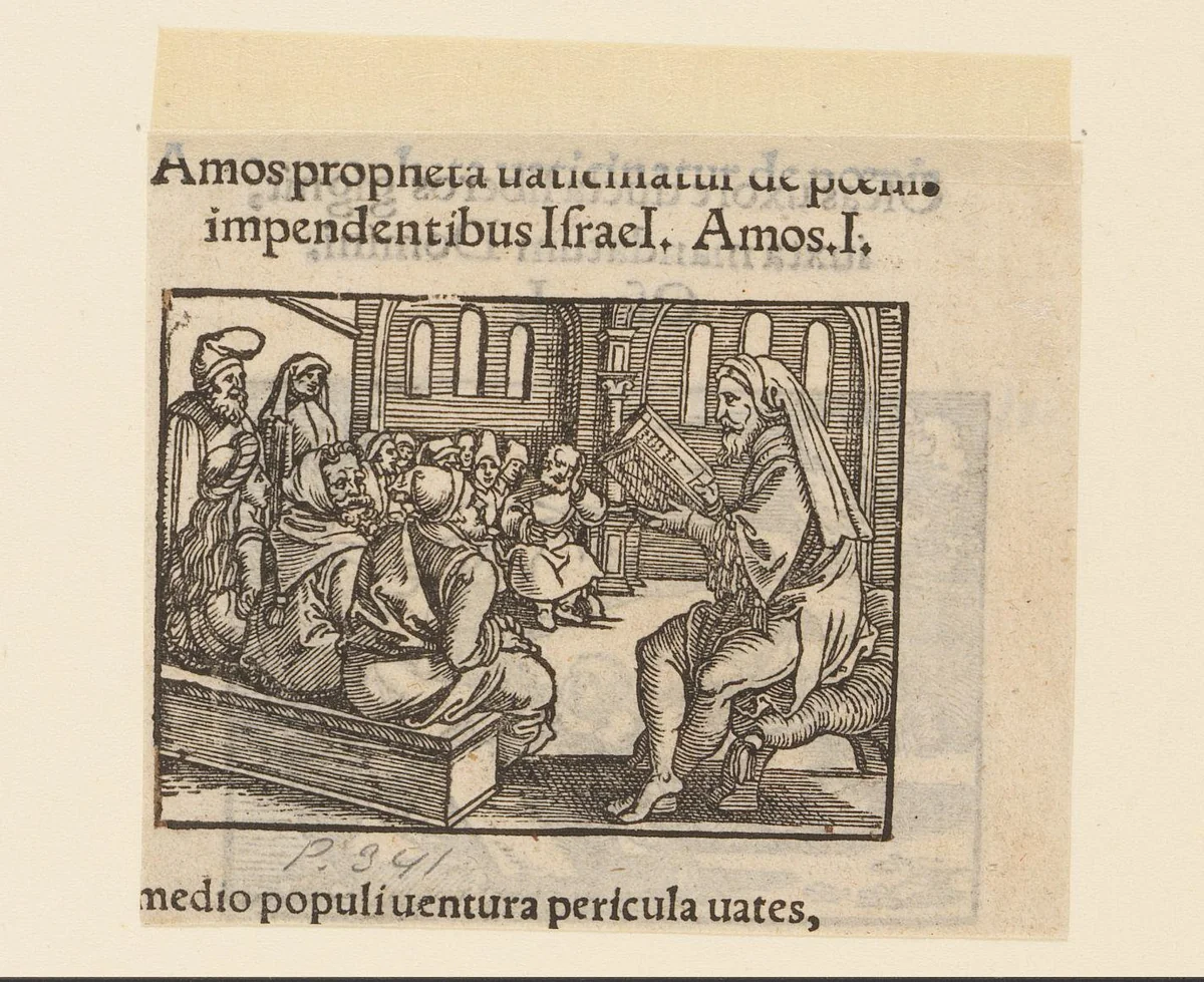 Profeet Amos leest voor in de tempel by anonymous, print, 1530-1533