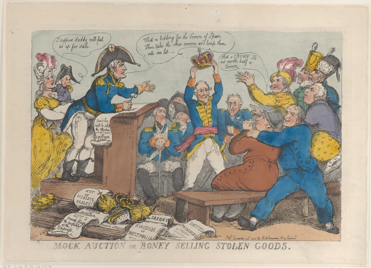 Mock Auction or Boney Selling Stolen Goods by Thomas Rowlandson, print, 1813